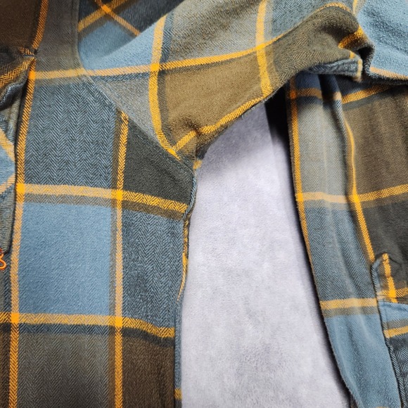 Fox Plaid Long Sleeve Flannel Shirt Mens Size L Blue Brown Gold - Picture 15 of 16
